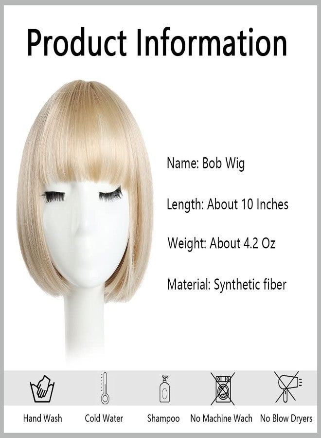 اتش اس بي جيه اتش تي ام شعر مستعار قصير أشقر بوب من HSPJHTM، بطول 10 بوصات، مستقيم مع غرة مسطحة، شعر مستعار صناعي ملون مناسب للتنكر والحفلات اليومية للنساء، يبدو طبيعياً كالشعر الحقيقي (غطاء شعر مستعار مجاني) - Image 2